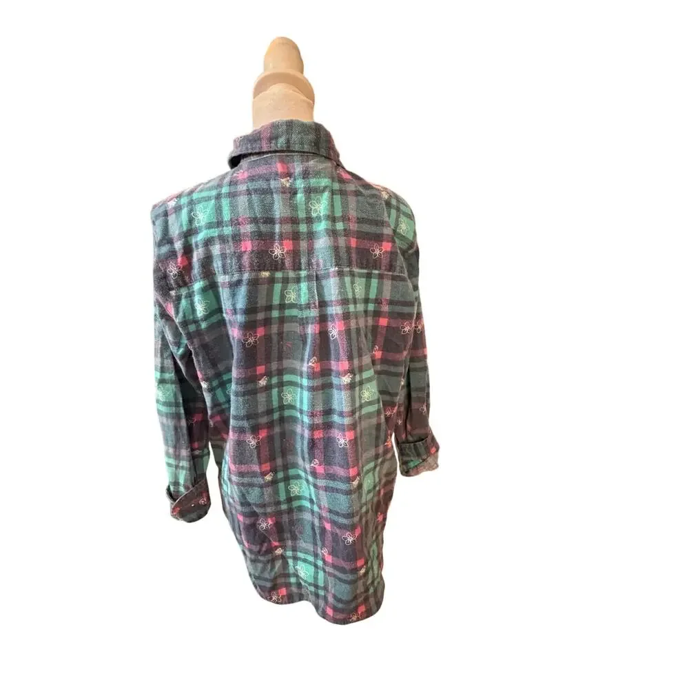 Vintage Teal Pink Plaid Flannel w Flower Print Long Sleeve Button Up Shirt M/L - Picture 2 of 5